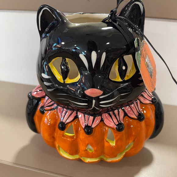 Halloween Black Cat Jack o’lantern Ceramic Tea Light Holder Blue Sky Ceramic NWT - Picture 3 of 7